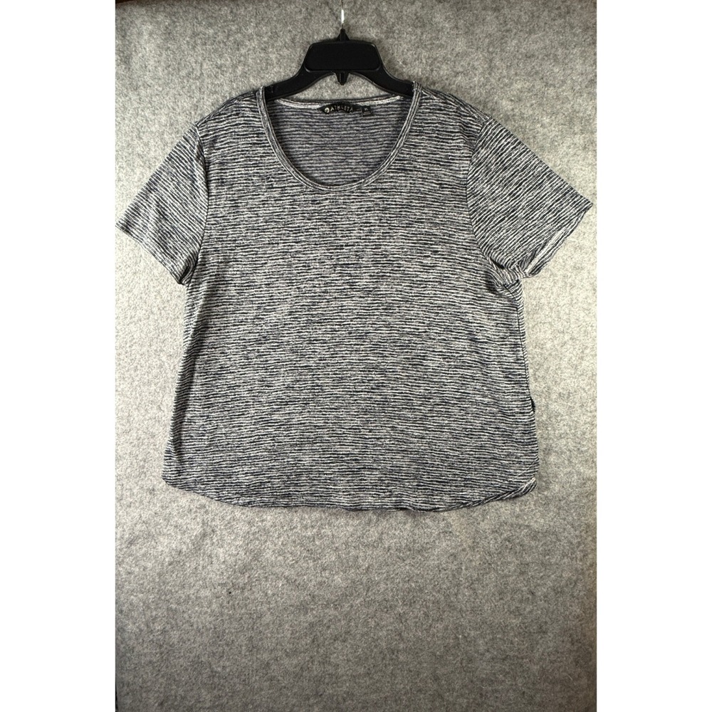 Athleta Womens XL Navy Blue White Space Dye Slub Knit Short Sleeve Crew Neck Top